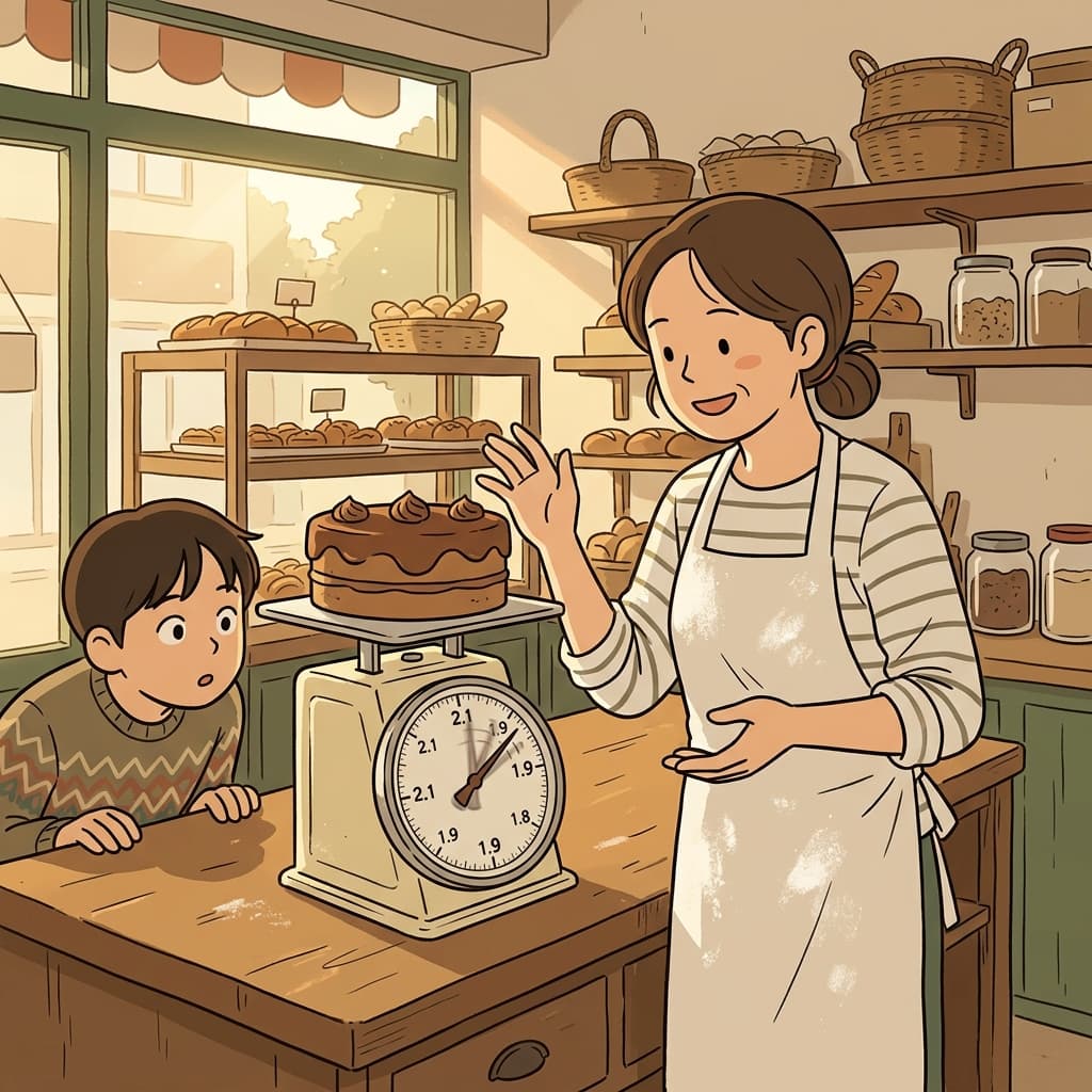 제빵사가 케이크를 저울에 올리며 '대략 2킬로 정도예요'라고 말한다.