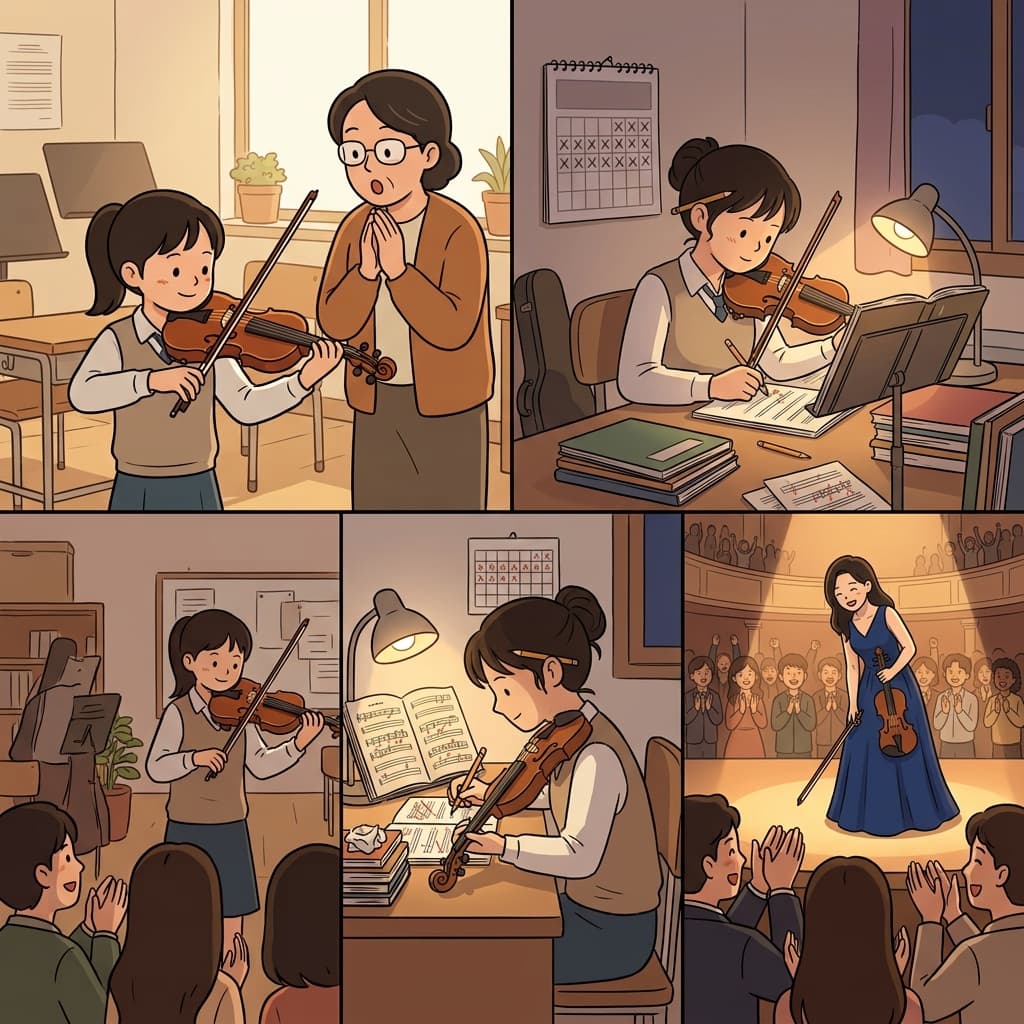 그녀의 뛰어난 소질은 꾸준한 연습으로 이어졌고 결국 탁월한 실력을 이루었다.