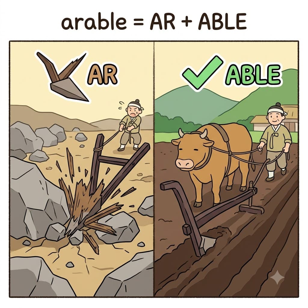 AR(쟁기질하다) + ABLE(할 수 있는) — 쟁기질(AR)을 완벽하게 받아들일 수 있음(ABLE)을 증명하며, 부드러운 들판은 매우 경작에 적합했다(arable).