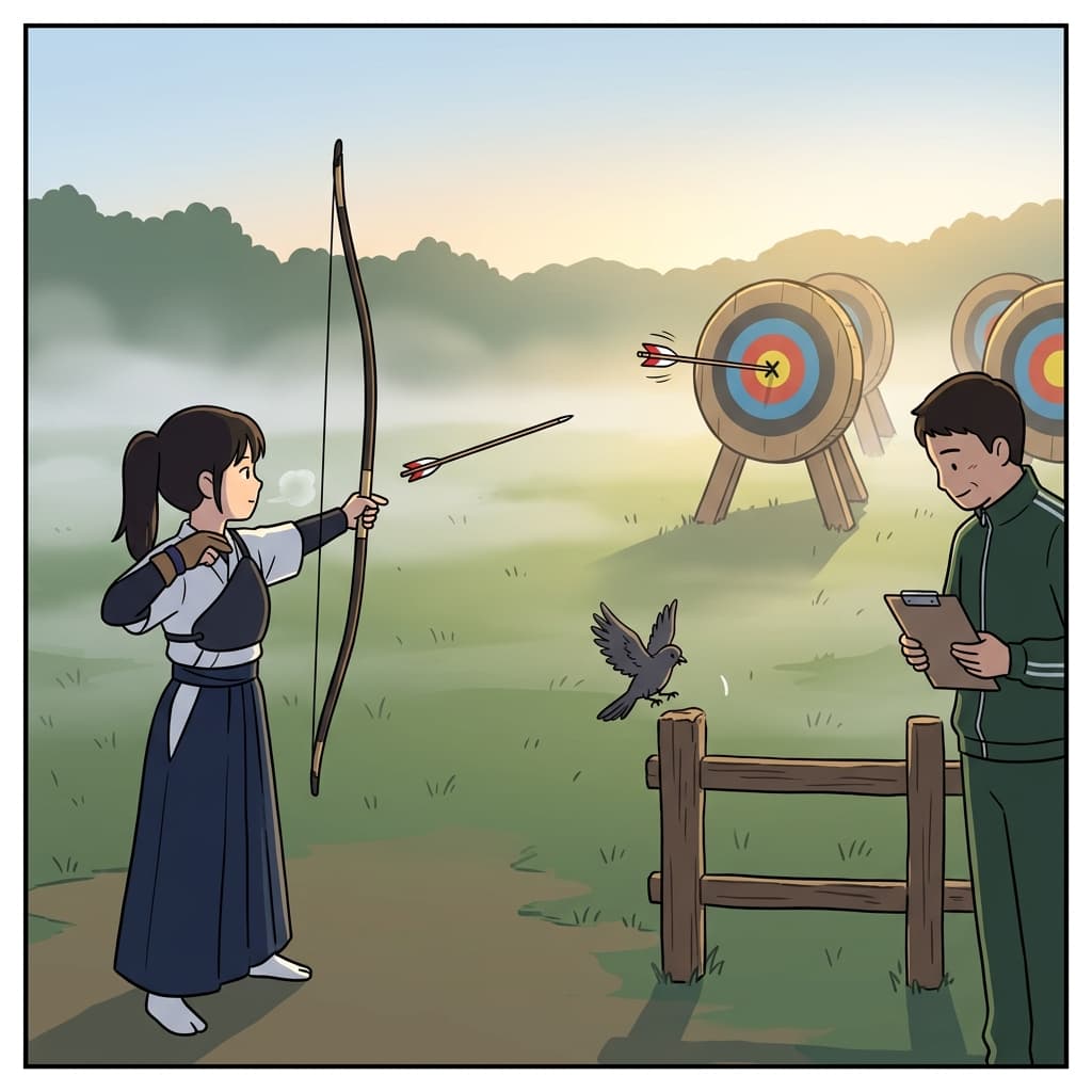 새벽 활터에서 그녀는 조용히 활을 당겨 정중앙을 맞혔다.