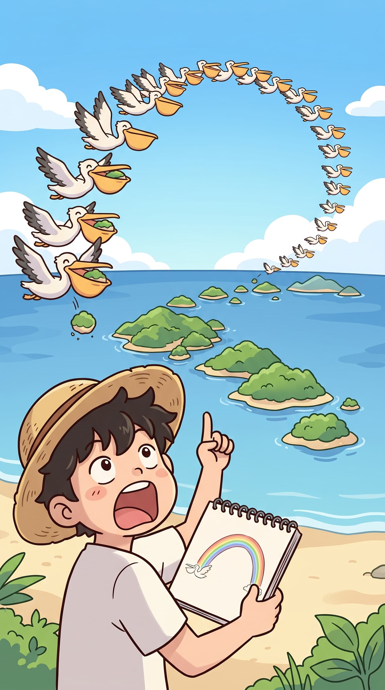 아치 모양으로 늘어선 펠리컨들 아래 수많은 섬이 펼쳐진 군도가 보였다. (아키펠라고 → 아치(arch) + 펠리(펠리컨) + 고(go) → 펠리컨들이 아치를 그리며 날아가는 바다 위 섬 무리)