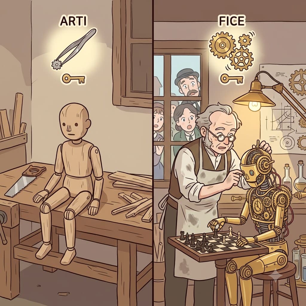 ARTI (기술/기교) + FICE (만들다) — 사람을 속이는 기계적 환영을 만들어내는(FICE) 놀라운 기교(ARTI)를 사용함으로써, 발명가는 자신의 교묘한 책략과 기교(artifice)로 관중을 어리둥절하게 만들었다.