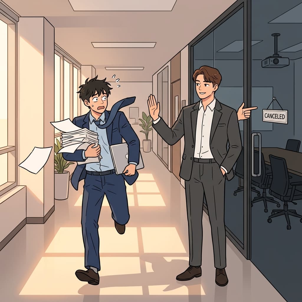사실 그 회의 한 시간 전에 취소됐는데.