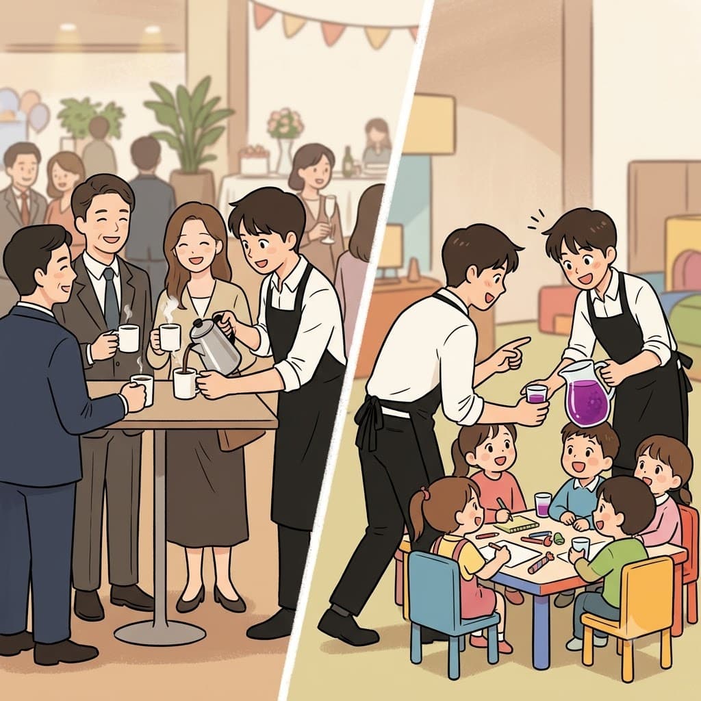 "어른들은 커피를 마시지만, 저 애(as)들에 관해서는 포(for)도 주스를 줘!"