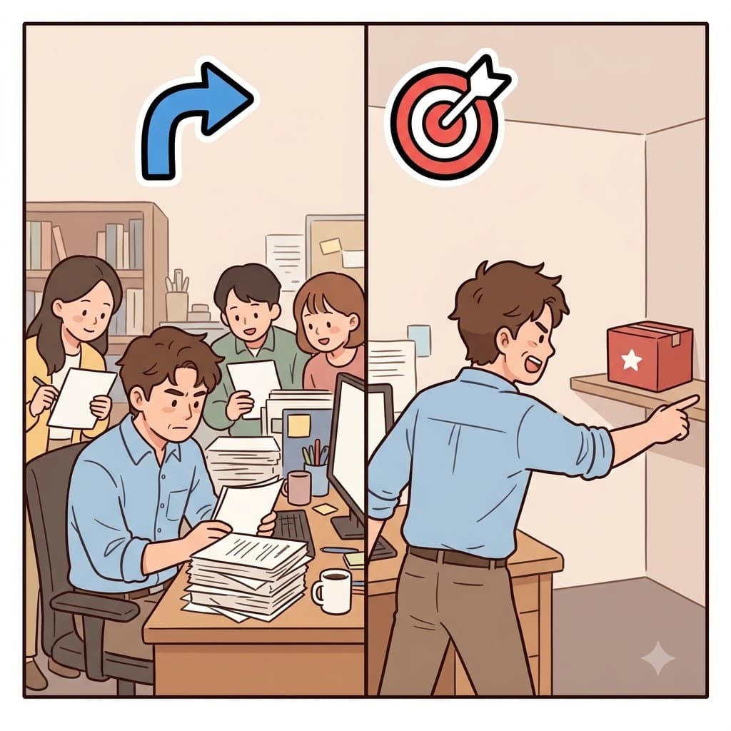 AS(~한 상태로) + FOR(~를 향하여) — 붉은 상자를 향해(FOR) 가리키는 상태로(AS) 갑자기 돌아서며, 매니저는 남은 돈에 관한(as for) 계획을 설명했다. (→ 메인 프로젝트(A)에 대해 이야기하며 서 있던 매니저가, 갑자기 시선을 돌려 구석에 있는 완전히 새로운 대상인 남은 예산 상자(B)를 향해(FOR) 집중하는 상태(AS)로 전환)