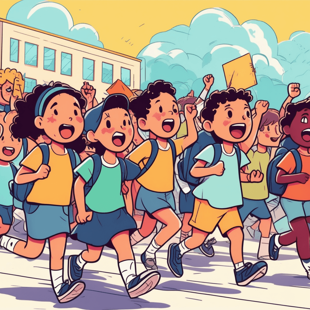 애들이 플랜카드 들고 '계획대로 간다!'고 외치며 행진 중!