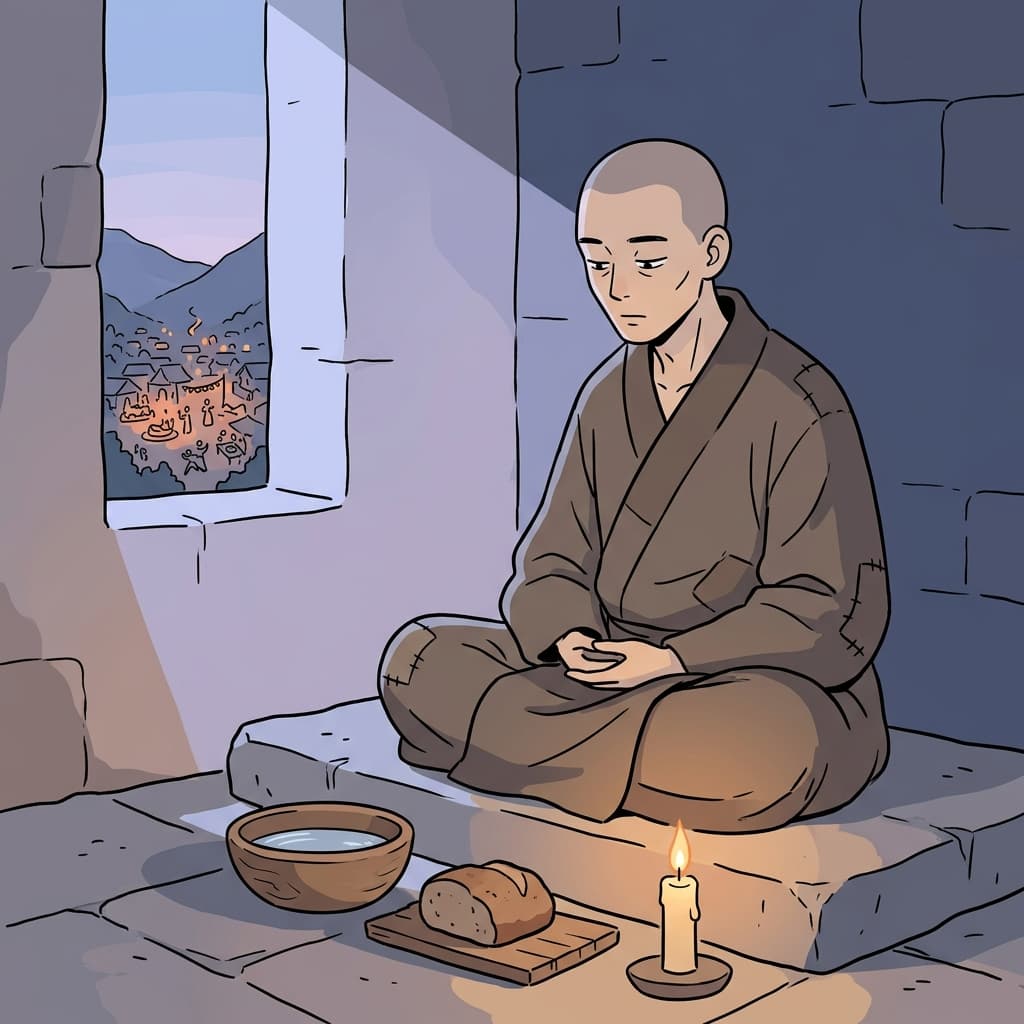 그 수도사는 돌바닥에서 자고 빵과 물만 먹으며 산다.