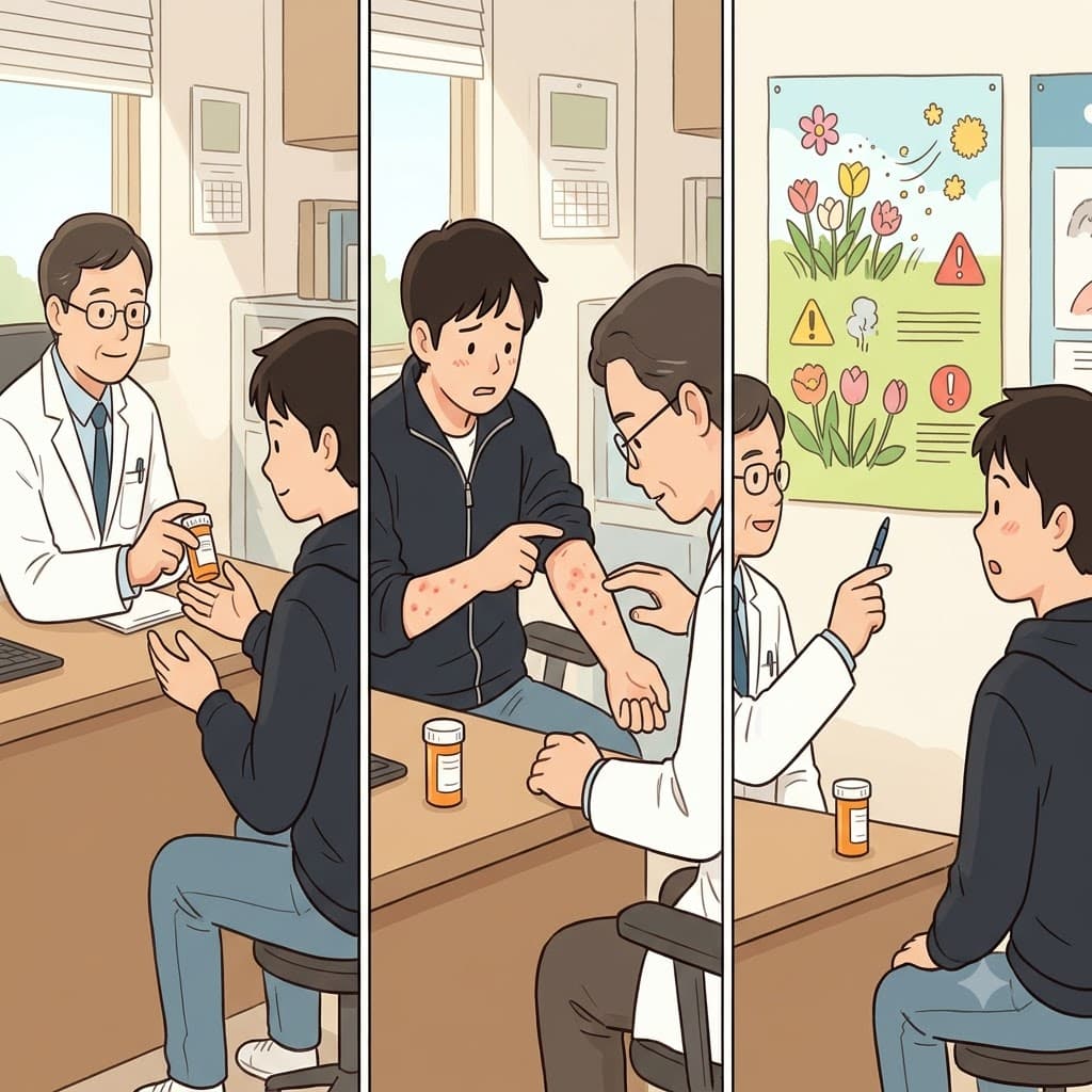 의사가 알약을 처방한 뒤 환자가 발진을 설명하자, 의사는 그 원인을 꽃가루 알레르기 탓으로 돌렸다.