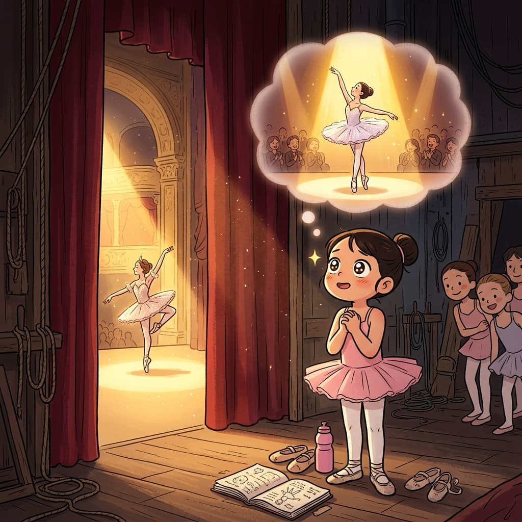 어린 발레리나가 무대 위 주역을 보며 꿈을 키운다.