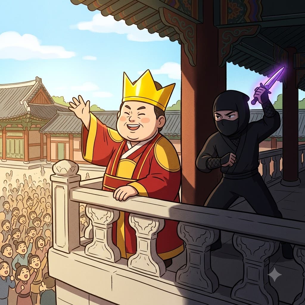 오만한 왕이 군중에게 자랑스럽게 손을 흔드는 동안, 등 뒤에서는 어두운 그림자가 그를 암살할(assassinate) 준비를 하고 있었다.