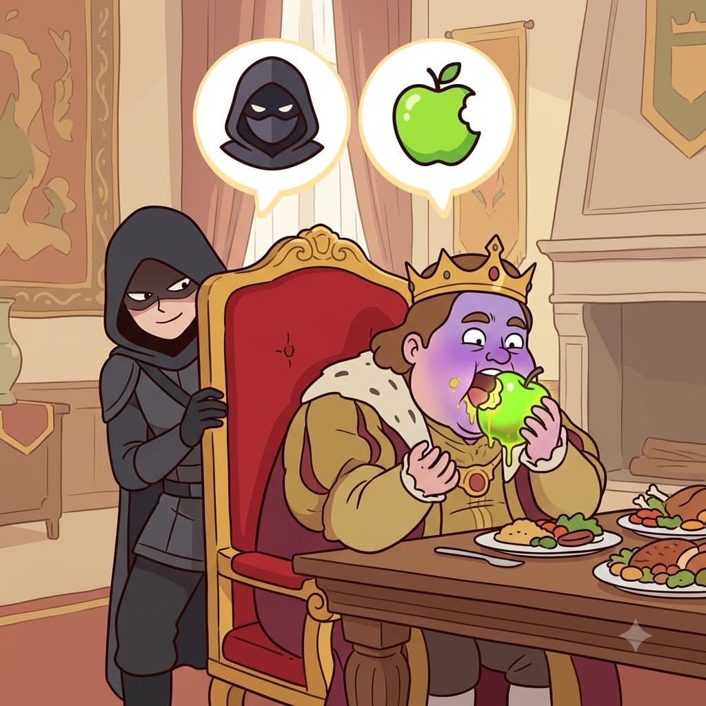 ASSASSIN(암살자) + ATE(먹었다) — 탐욕스러운 왕이 독사과를 먹자(ATE), 어둠 속의 암살자(ASSASSIN)는 그를 암살하는(assassinate) 계획이 성공하여 미소 지었다.