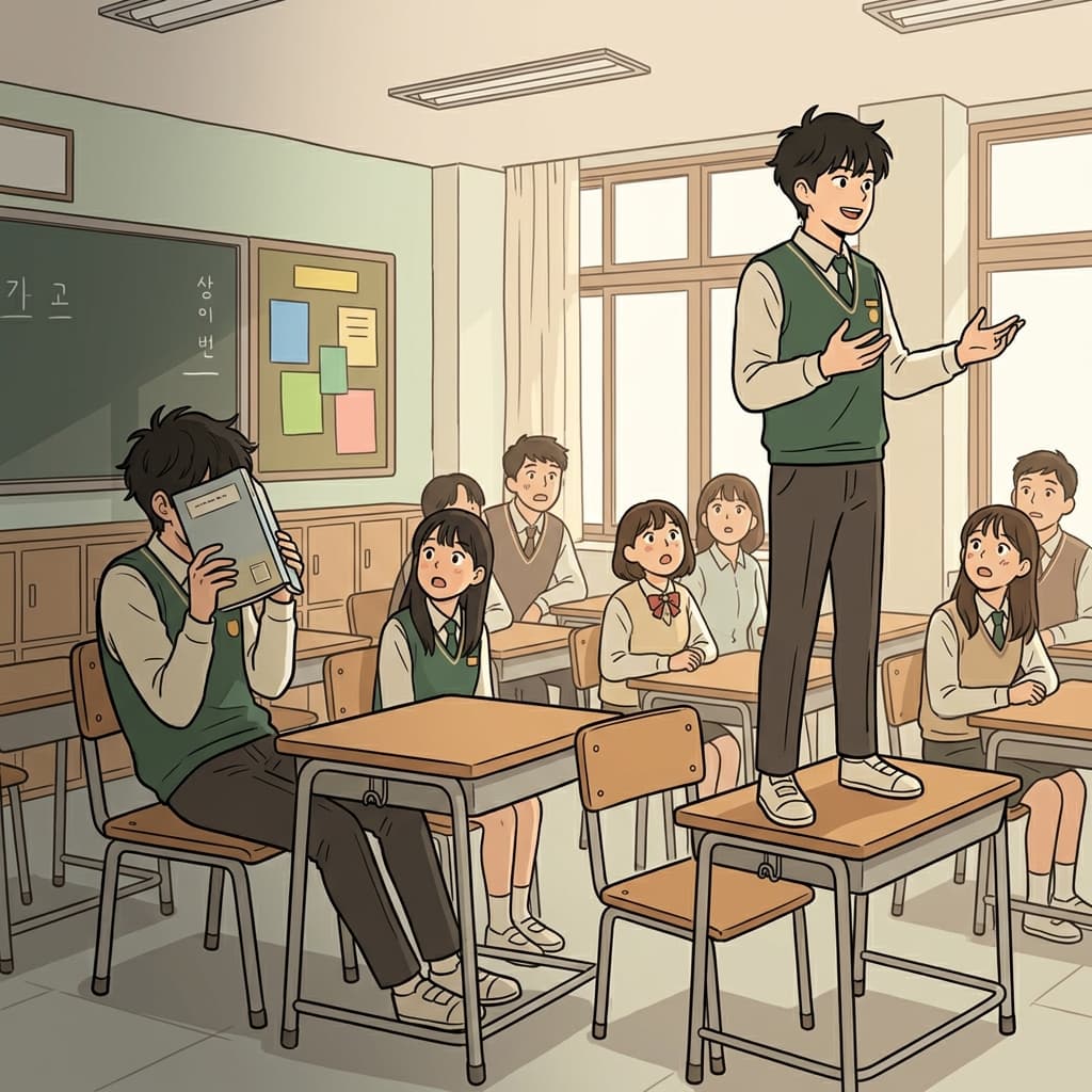 소극적으로(passive) 숨어 있기보다 그는 책상 위에 올라 자신의 의견을 당당히 주장했다(assert).