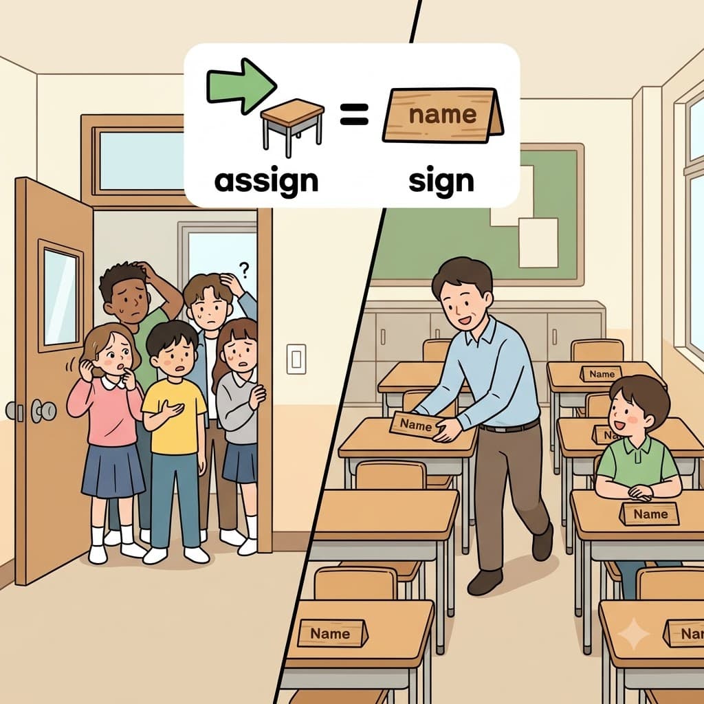 AS(~에게) + SIGN(표시/이름표) — 각 좌석에(AS) 이름표(SIGN)를 놓아두며, 교사는 학생들에게 자리를 배정했다(assign).