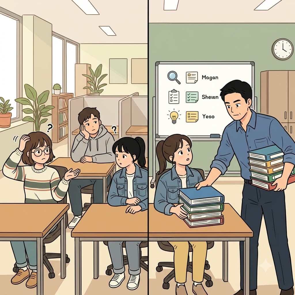 각 팀원은 팀장에게 특정 업무와 서류 더미를 배정받았다(be assigned).