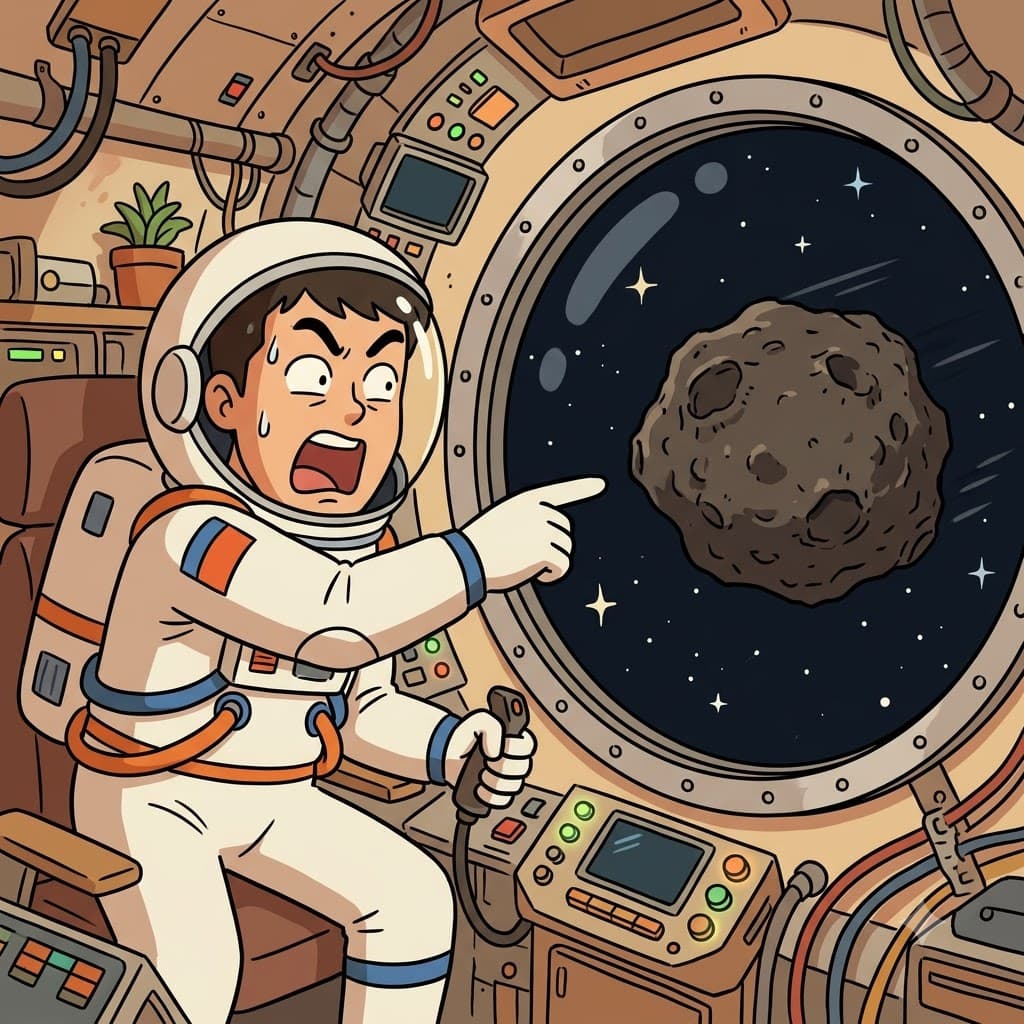 우주선에서 스테레오(stereo)를 크게 듣고 있는데 바위 같은 소행성(asteroid)이 쐐애액 지나가자 우주비행사는 “아, 스테레오!”라고 말했다.
