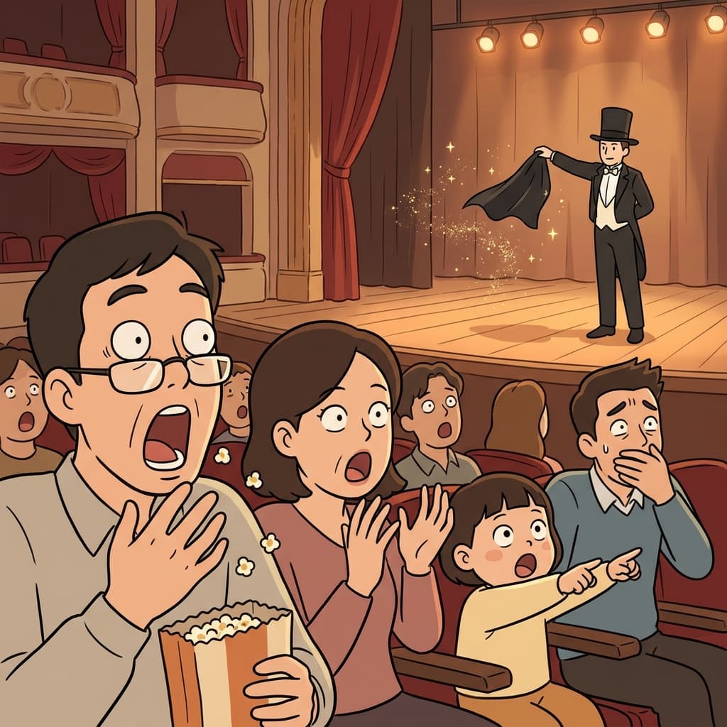 마술사 조수가 눈앞에서 사라지자 관객들이 완전히 얼어붙었다.
