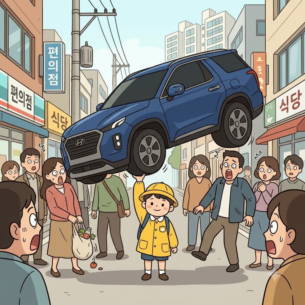 어린 소년이 거대한 자동차를 들어 올리는 모습을 본 사람들은 놀라움(astonishment)에 휩싸였다.