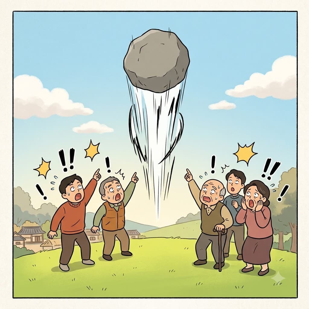 거대한 바위가 하늘로 날아오르자 마을 사람들은 모두 놀라움(astonishment)에 빠졌다. ("어(a) 스톤(stone) 쉬익")