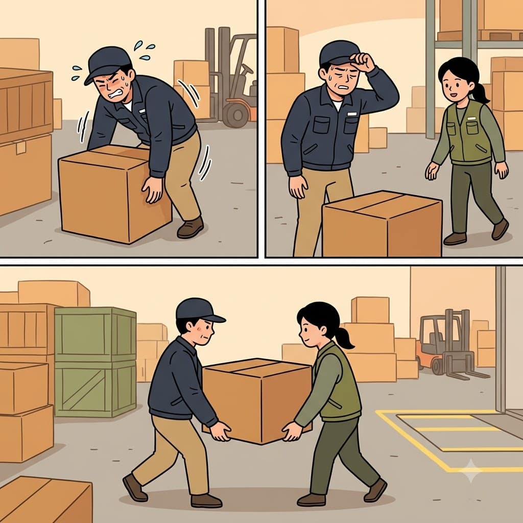 그 상자는 무게가 적어도(at least) 5킬로그램이어서 두 명의 작업자가 옮겨야 한다.