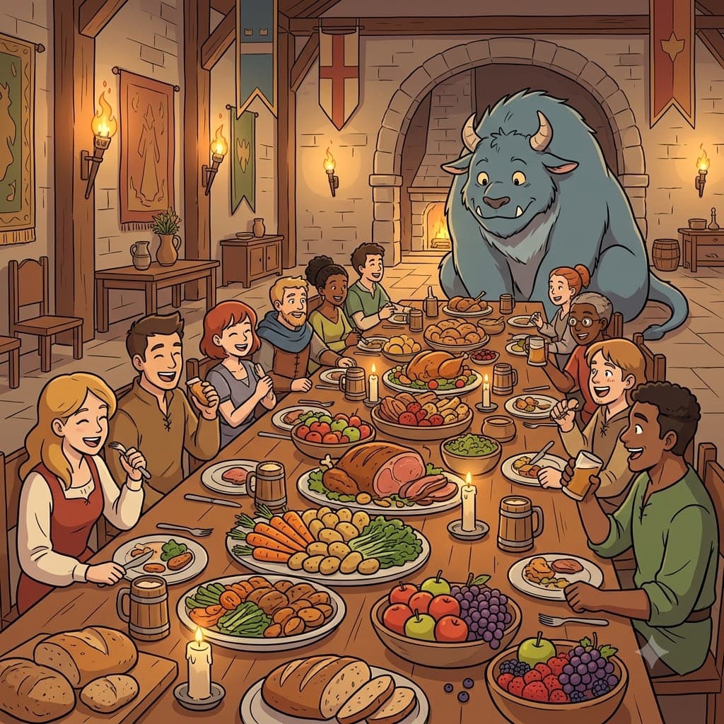 적어도(at least) 열 명의 손님이 **성대한 식사(feast)에 모였고, 배고픈 야수(beast)**조차 충분히 먹을 만큼 음식이 많았다.