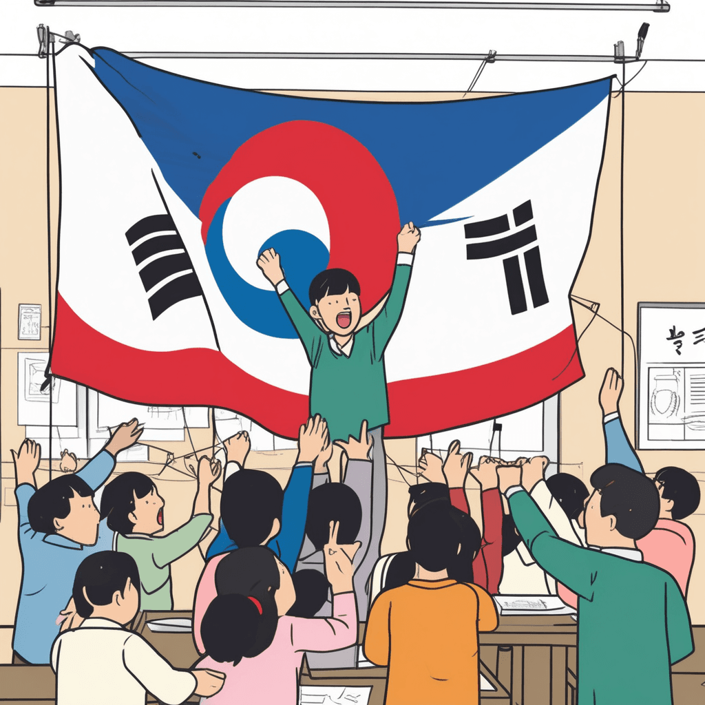 어! 태극기를 벽에 단단히 붙여라! 떨어지지 않게 꽉 부착해!