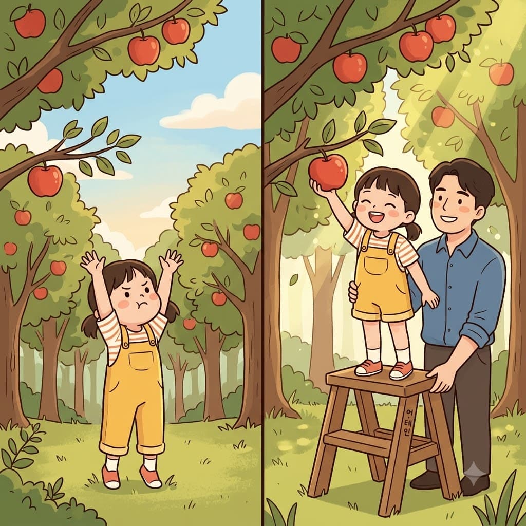그녀는 발판에 올라 손을 뻗어 사과를 마침내 손에 넣었다(attain). (어테인 → “어! 손을 뻗어 테인(tain), 마침내 손에 넣었다!”)