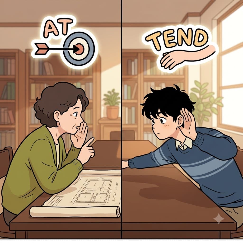 AT (~를 향해) + TEND (몸을 뻗다) — 화자를 향해(AT) 고개와 몸을 뻗음(TEND)으로써, 청자는 자신이 진정으로 주의 깊다(attentive)는 것을 보여주었다.