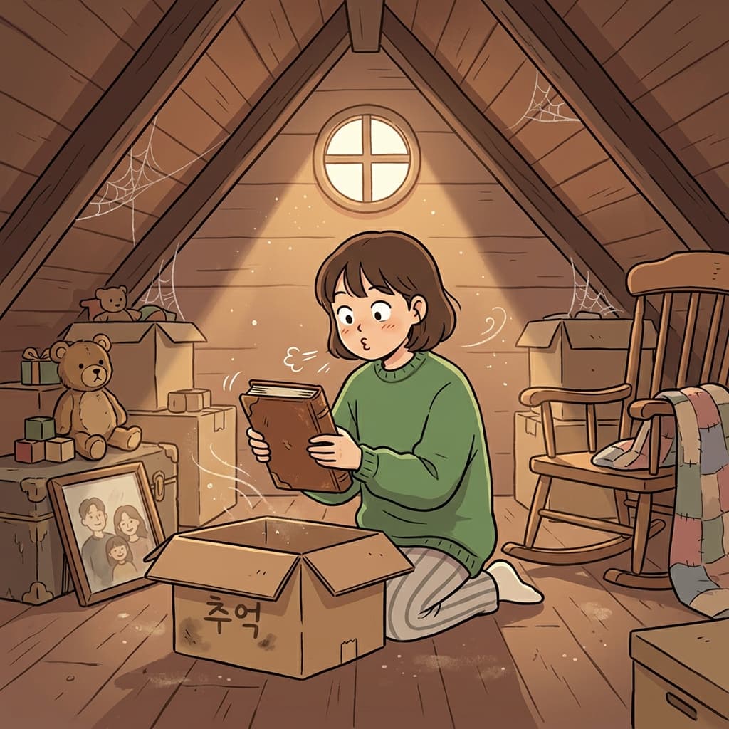 다락방에서 할머니의 오래된 일기장을 발견했다.