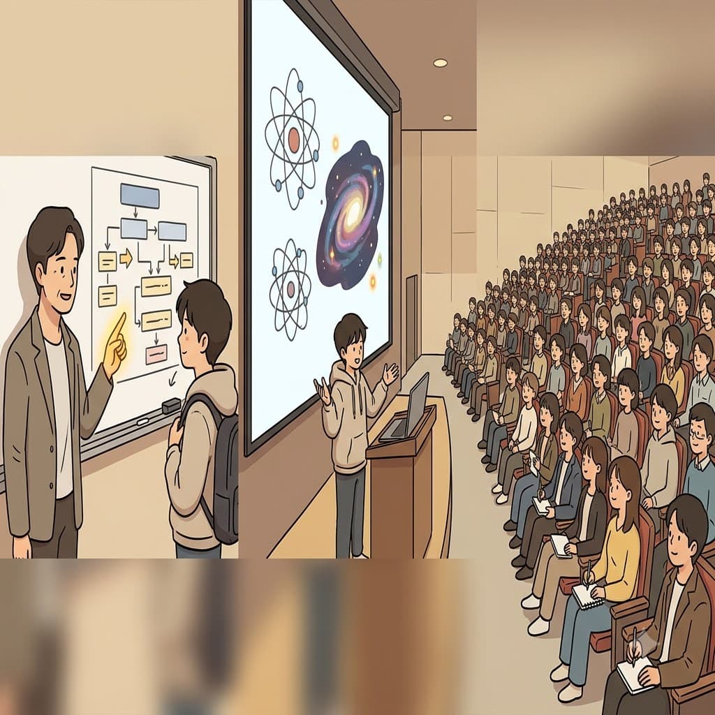 현대 과학(science) 속에서 전문가의 지침(guidance)을 따르며, 연사는 가득 찬 청중(audience) 앞에서 자신의 아이디어를 발표했다.
