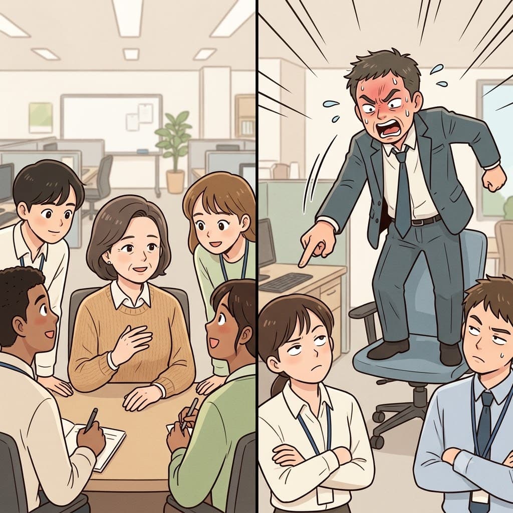 "어(au)! 소리(thori) 쳐서 티(ty) 내네!" 소리치는 매니저를 가리키며, 직원들은 그의 가짜 권위(authority)를 비웃었다.