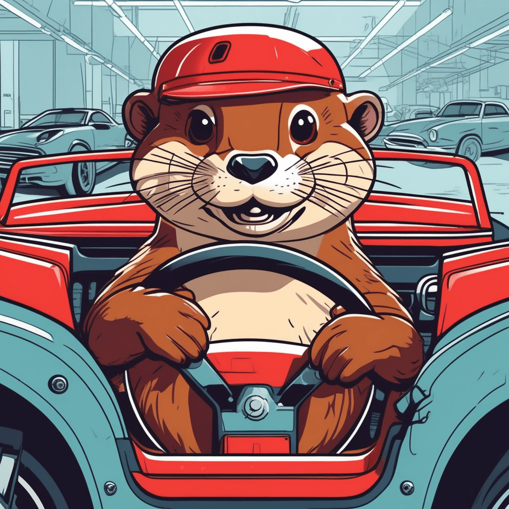오터(수달)가 모터를 타고 자동차 공장에서 운전 중! 자동차의(automotive) 전문가!