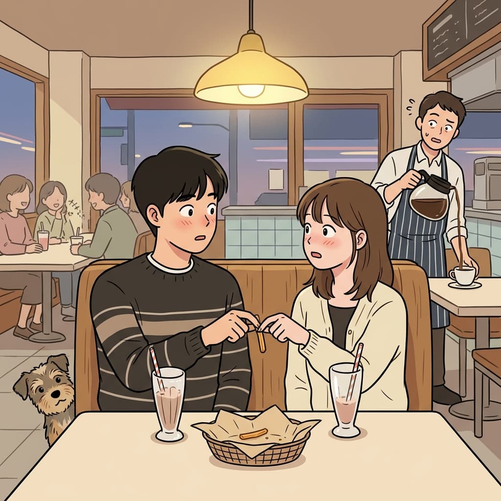 첫 데이트에서 마지막 감자튀김에 동시에 손이 닿아 분위기가 어색해졌다.
