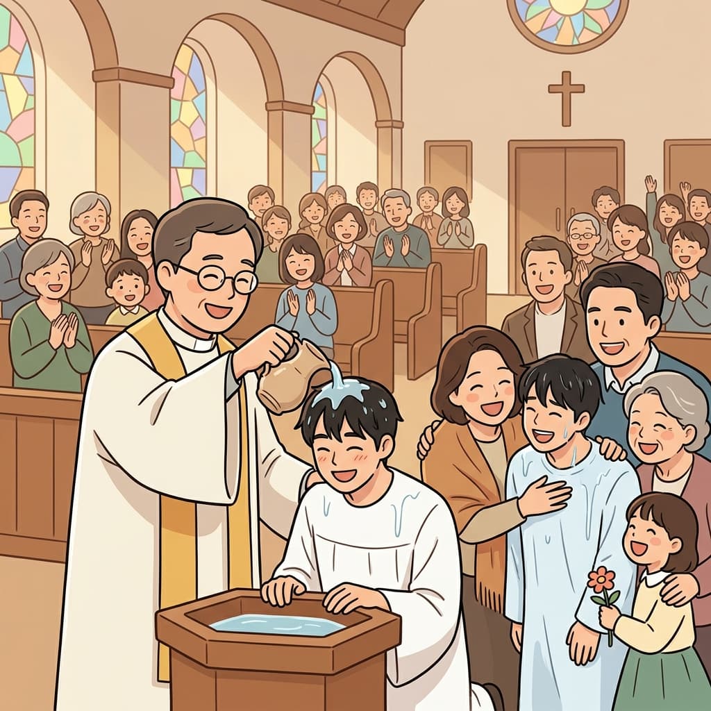 목사는 주일 예배 중 세례식을 집례했다.