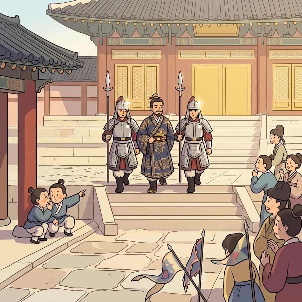 대사가 궁전에 도착했는데, 양옆엔 늘 왕실 호위병 두 명이 붙어 있었다.