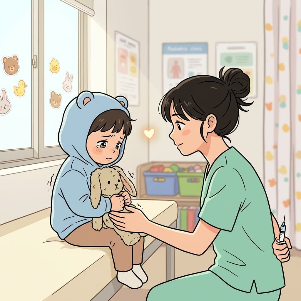 간호사가 주사 맞기 전 환자의 두려움을 세심하게 살핀다.