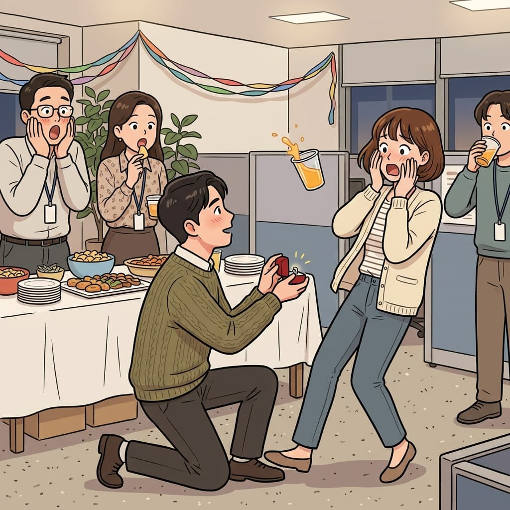 조용하던 동료가 갑자기 프러포즈하자 그녀는 완전히 놀라 굳어버렸다.