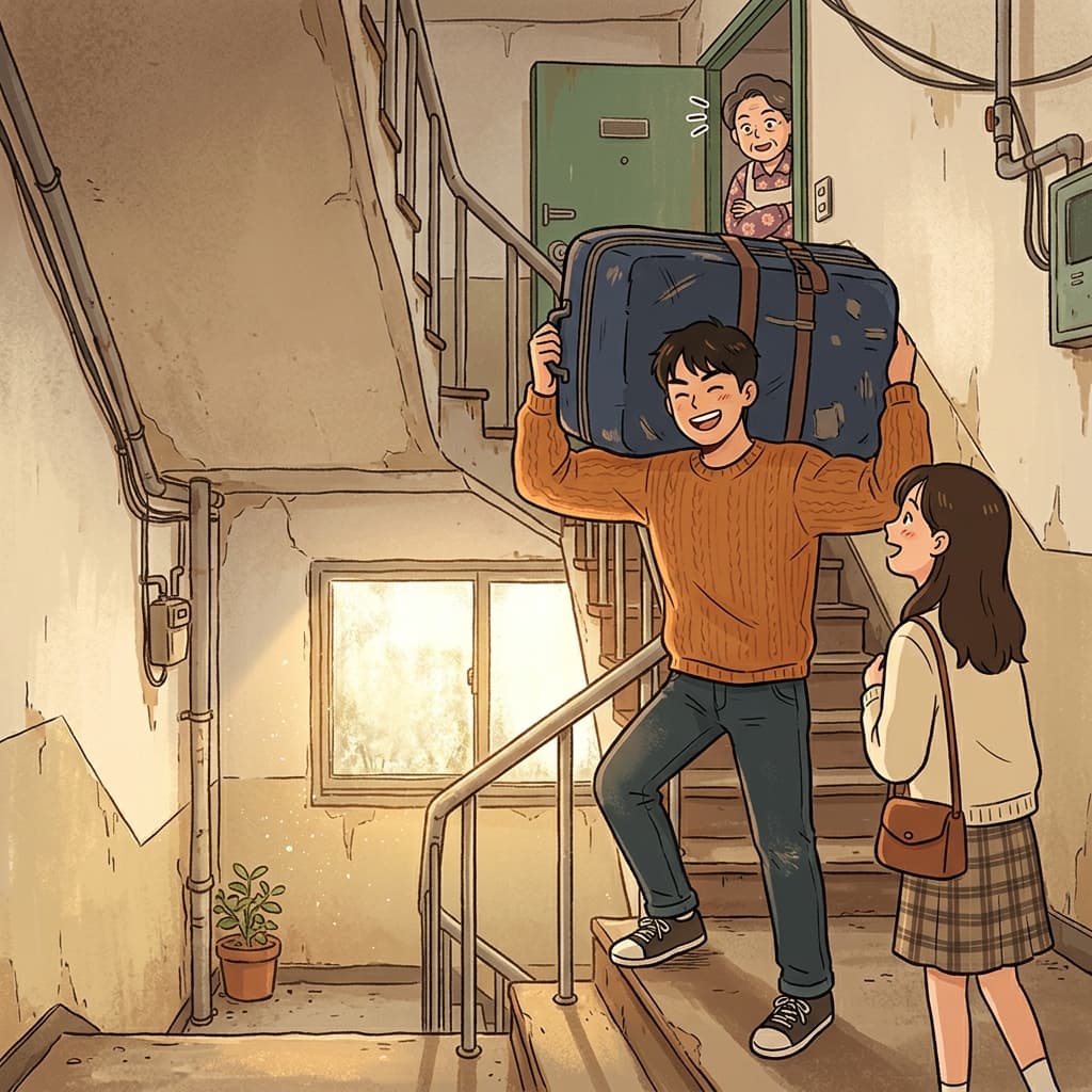 그는 다섯 층 계단을 그녀의 무거운 짐을 들고 올라가 줬다.