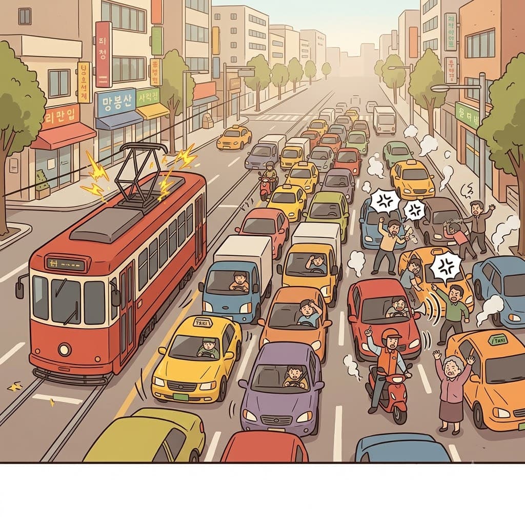 거대한 교통 체증(jam) 속에 고장 난 트램(tram) 뒤에 갇혀, 좌절한 운전자들이 경적을 울리며 완전한 아수라장(bedlam)을 만들었다.