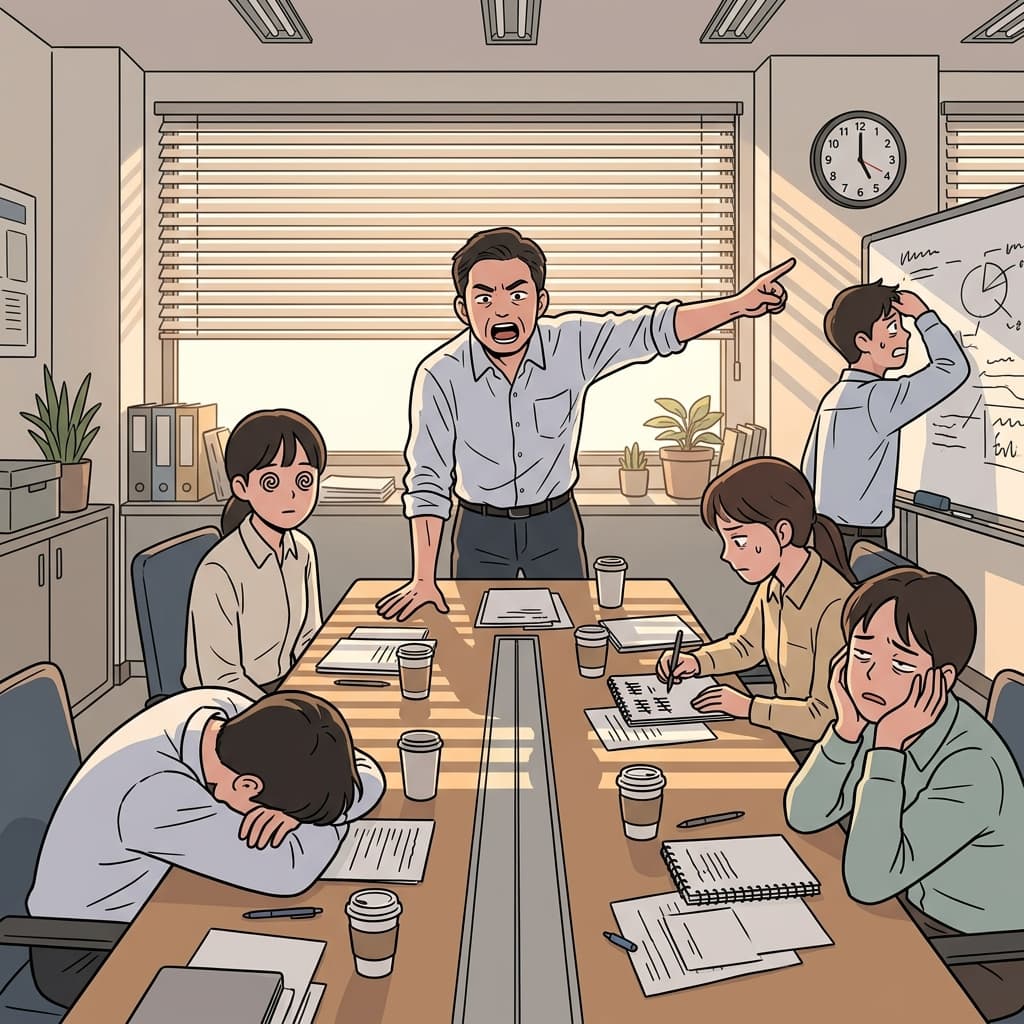 그는 같은 얘기를 계속 반복해서 다들 지쳐버렸다.