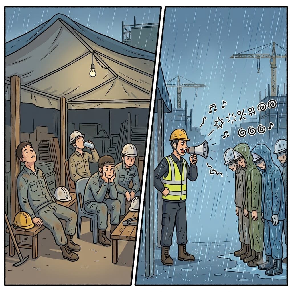 "비 오는데 그만 좀 말하세요!" 관리자는 지친 노동자들에게 불만을 계속해서 장황하게 늘어놓았다(belabor).