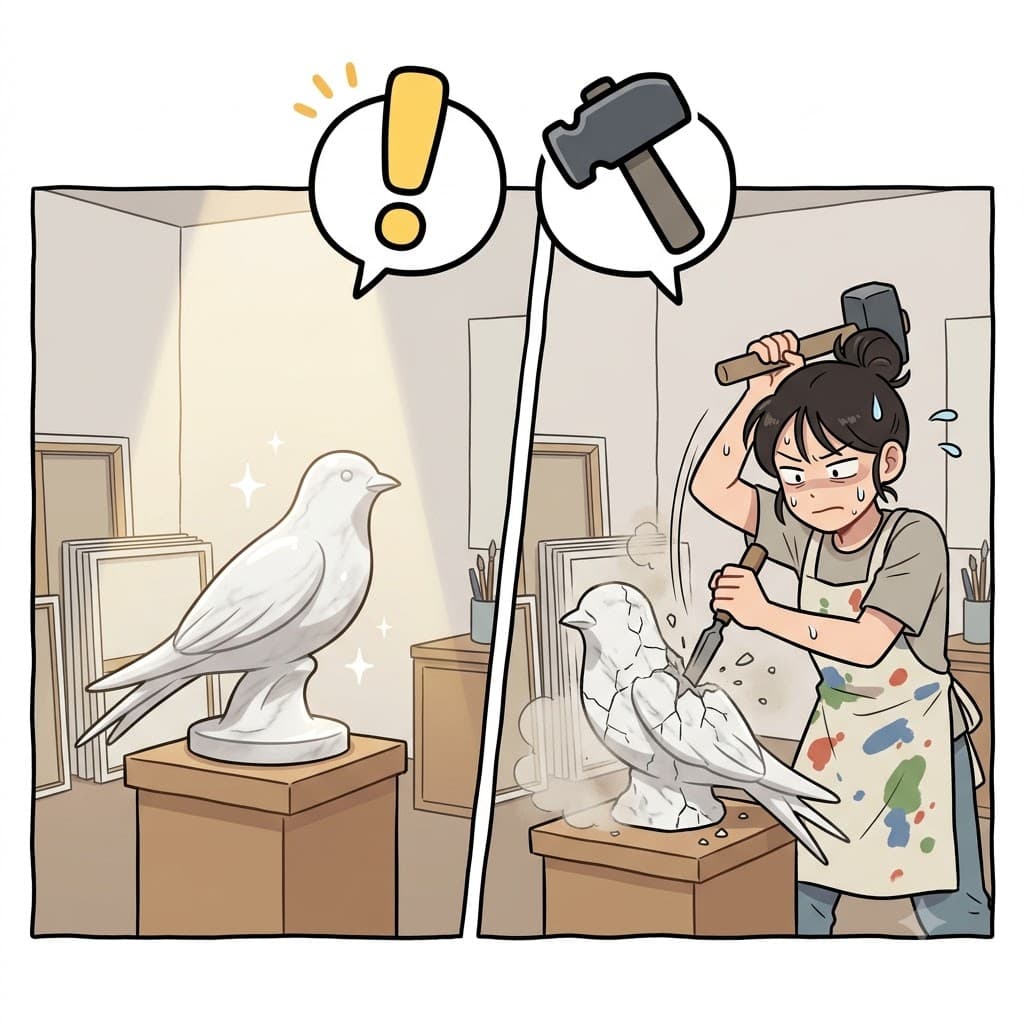 BE (완전히) + LABOR (노동/공들임) — 이미 완성된 조각상에 자신의 노동(LABOR)을 완전히(BE) 낭비함으로써, 예술가는 세부 사항을 쓸데없이 장황하게 파고들었다(belabor).