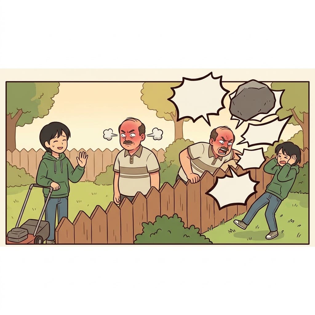 거절당한 부탁(favor)에 화가 나서, 공격적인 이웃(neighbor)은 그를 모욕적인 말로 장황하게 공격하기(belabor) 시작했다.