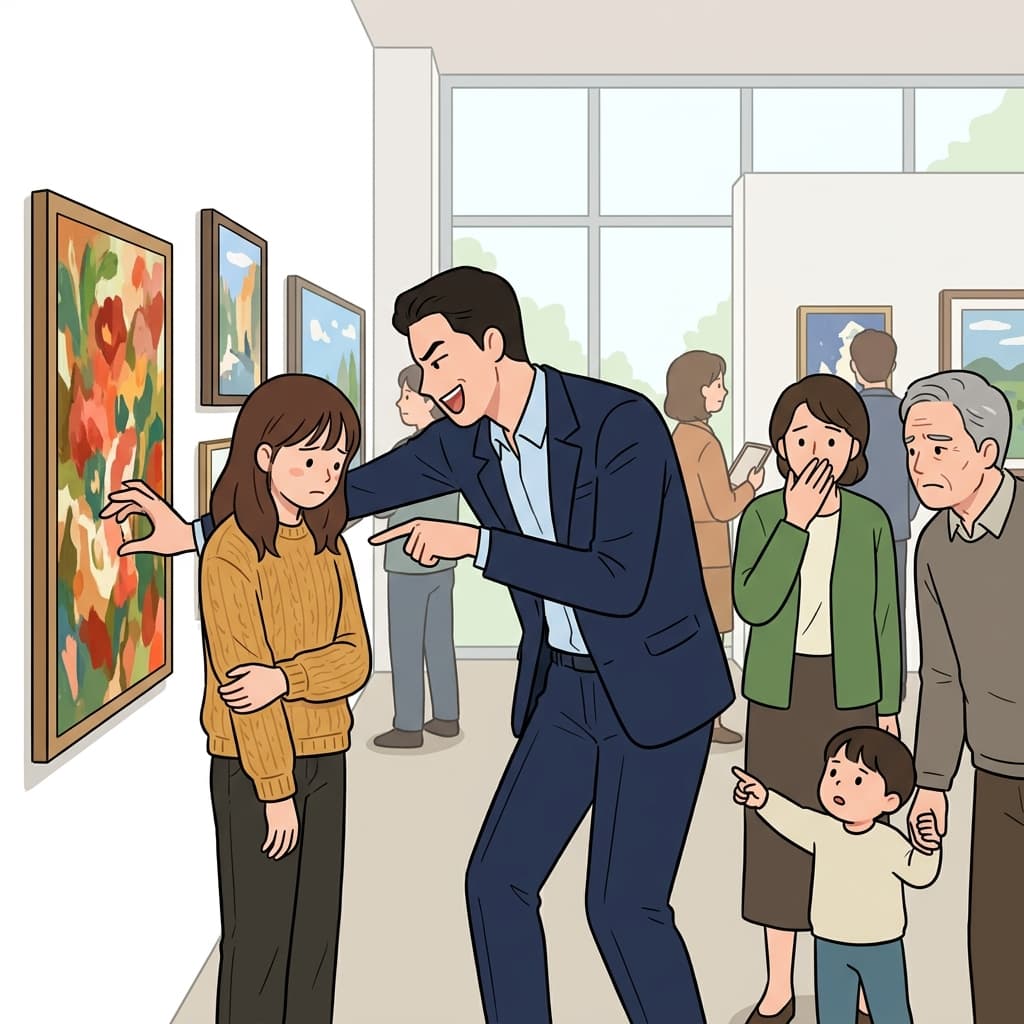 그가 사람들 앞에서 그녀의 그림을 깎아내렸다.