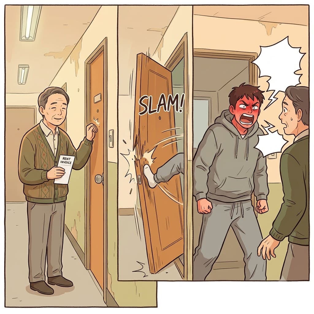 집주인이 밀린 월세(rent)를 정중하게 요구하자, 화가 난 세입자는 문을 발로 차며 즉시 적대적이고 공격적으로(belligerent) 돌변했다.
