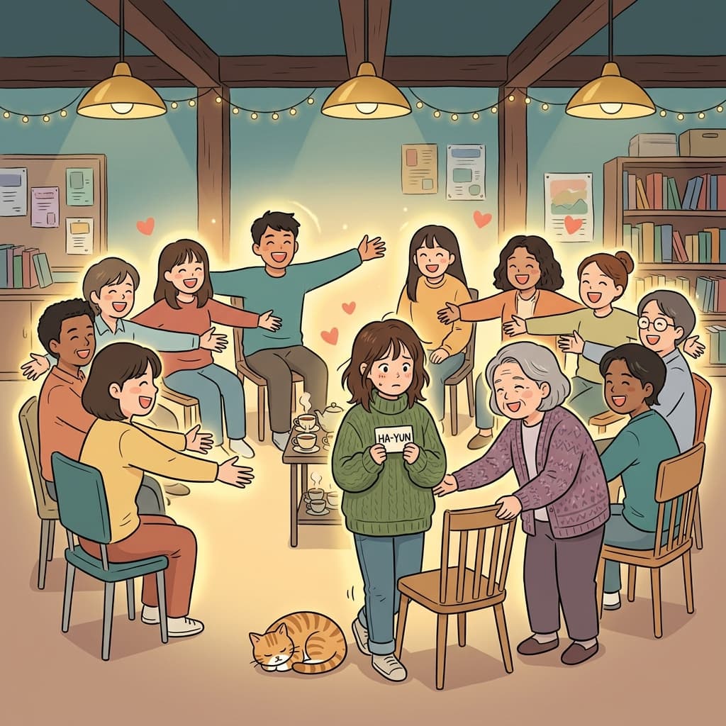 환영 모임에서 그녀는 드디어 소속감을 느꼈다.