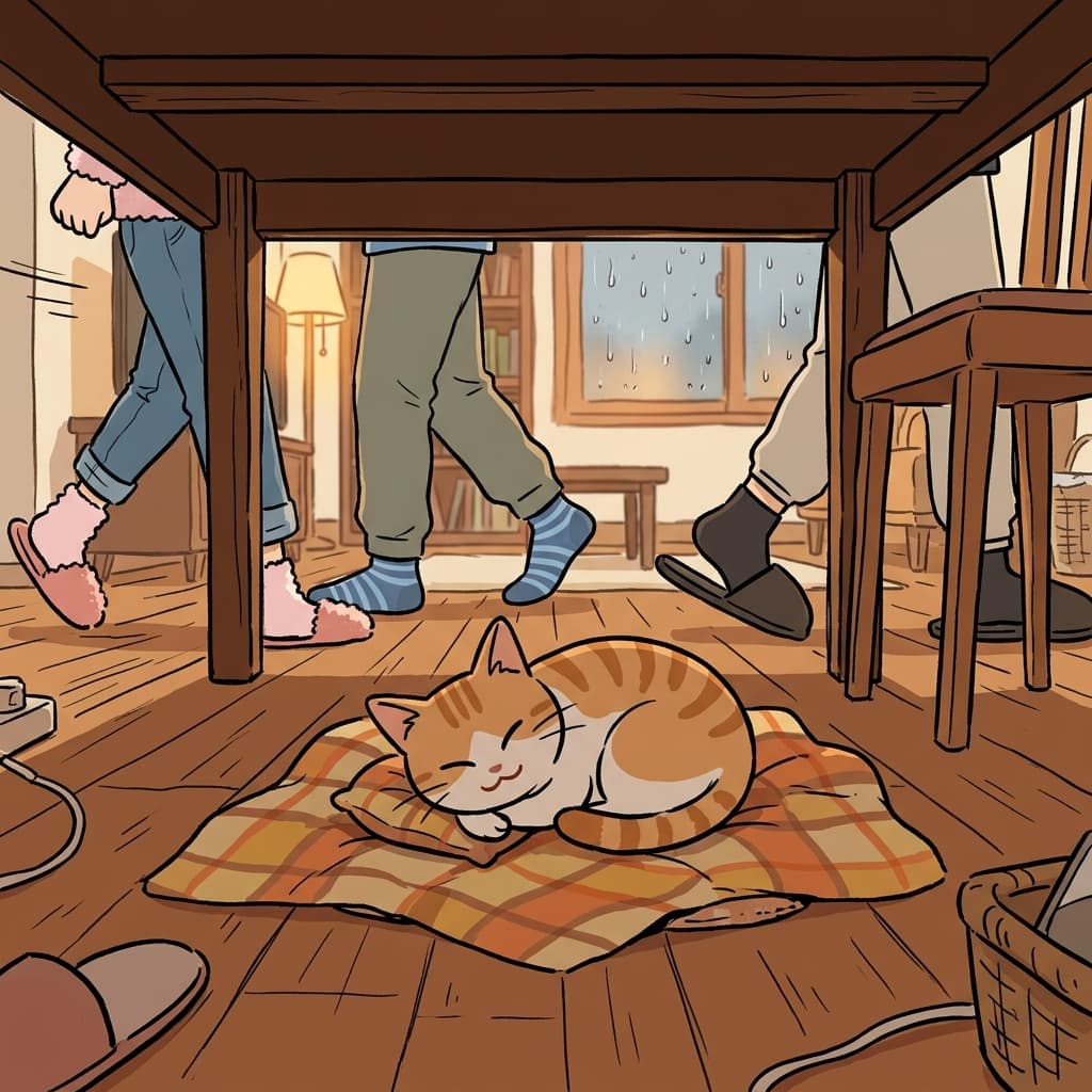 고양이는 테이블 아래에서 평화롭게 잠들었다. (비니스 → “비 오니까 니(네) 아래로 숨어!” 느낌 → 어떤 것 아래쪽에 있는 상태)
