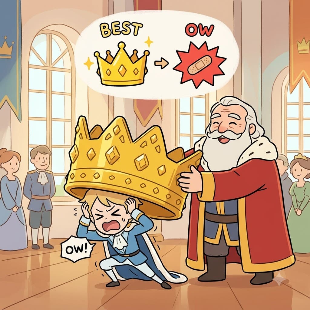 BEST(최고의) + OW(아얏!) — 자랑스러운 왕이 최고의(BEST) 순금 왕관을 수여하려(bestow) 하자, 연약한 왕자는 그 엄청난 무게에 짓눌려 "아얏(OW)!" 하고 비명을 질렀다.