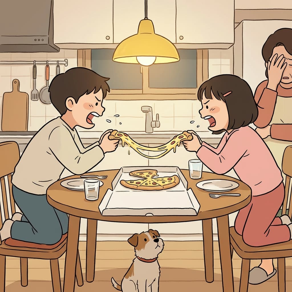 남매가 저녁 식탁에서 마지막 피자 한 조각을 두고 티격태격한다.