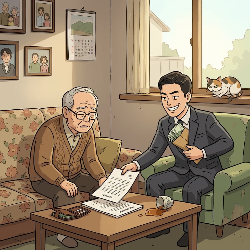 사기꾼이 노인의 평생 모은 돈을 가로채려 했다.