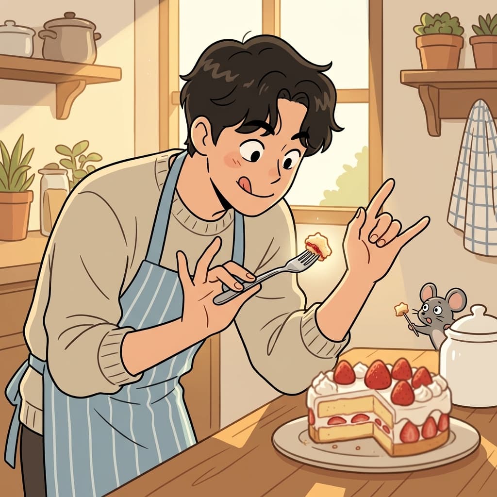 손님 내가기 전에 케이크를 한 입만 살짝 떼어 맛봤다.
